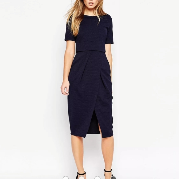 ASOS Dresses & Skirts - Like New Asos Double Layer Textured Wiggle Dress Midi Size 8 Dark Blue